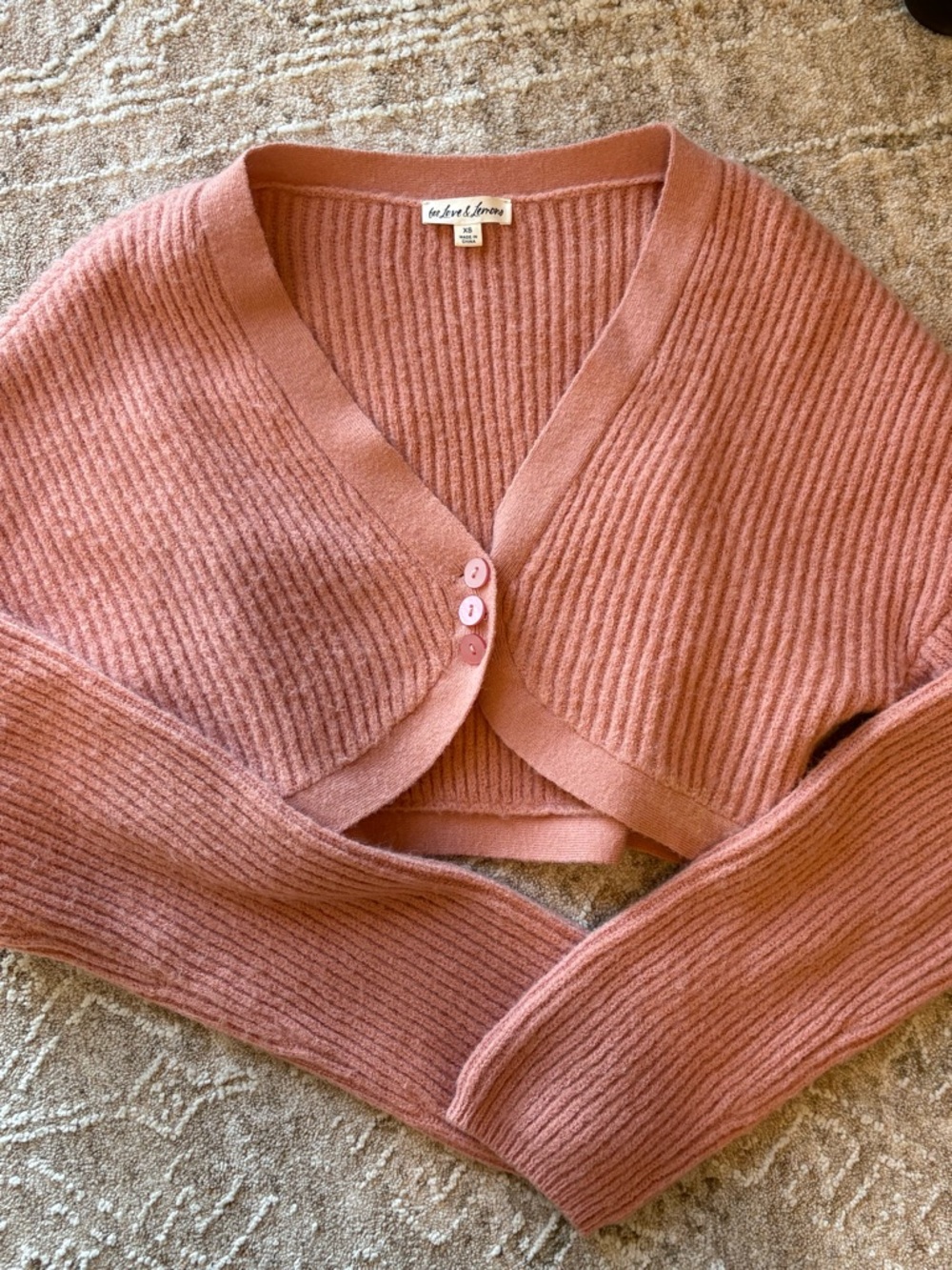 For Love and Lemons Cropped Ribbed V-Neck Cardigan - Dusty Rose